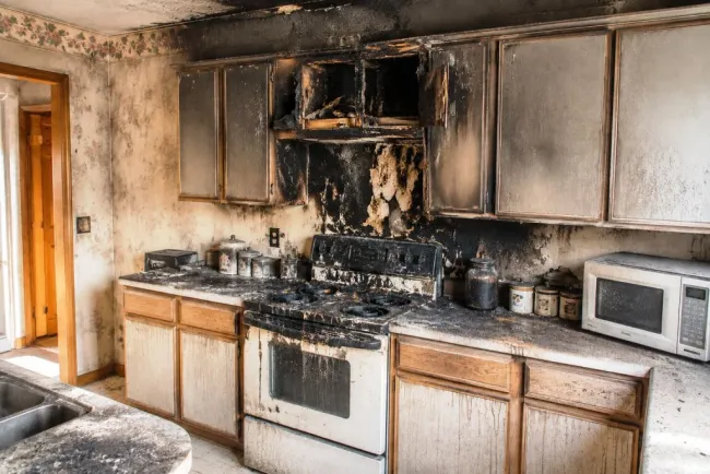 Fire Damaged cabinets, walls and appliances in a Dawson County NE kitchen