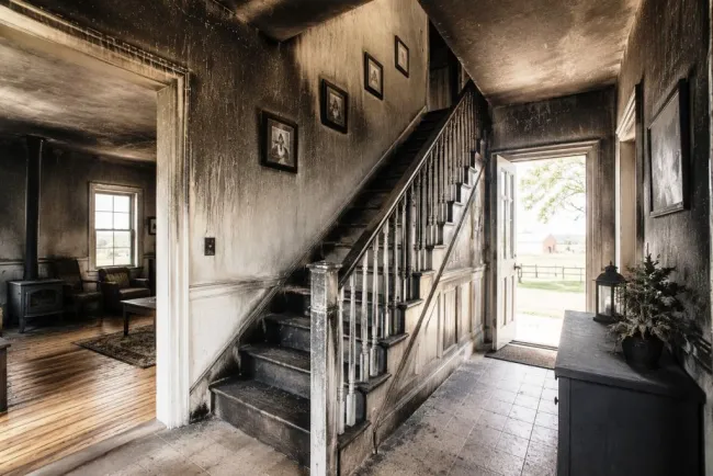 Smoke and Fire Damage in a Lincoln County Farmhouse Foyer