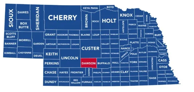 Map of Nebraska Counties with Dawson County Highlighted in Red