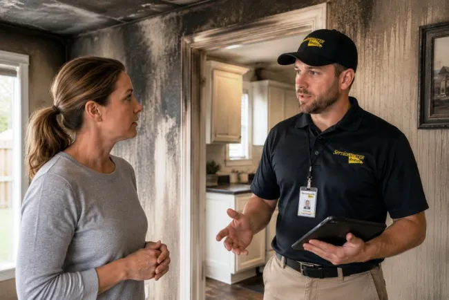 ServiceMaster Project Manager Discussing Fire Damage Restoration Job Scope with homeowner while standing in smoke damaged living room