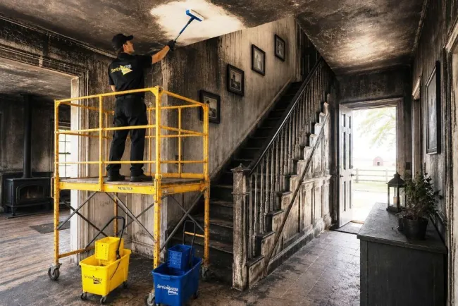 ServiceMaster Tech cleaning soot from a fire damaged foyer ceiling in Lincoln County, NE