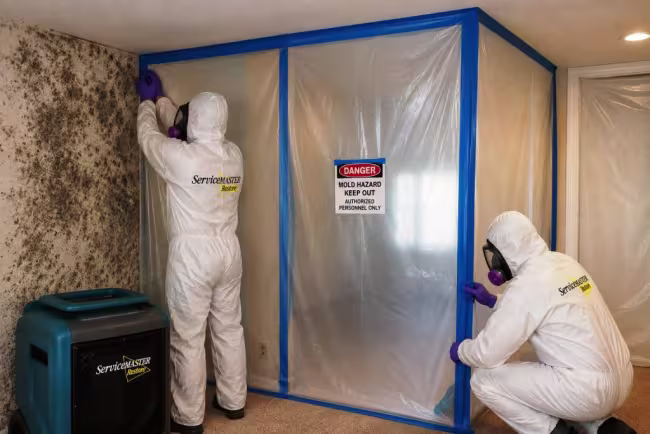 ServiceMaster Technicians erecting containment barrier for mold remediation in North Platte home