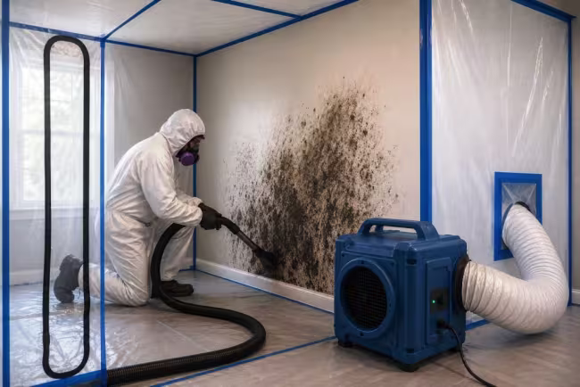 ServiceMaster technician HEPA vacuuming mold on wall inside of containment barrier within a lexington ne home