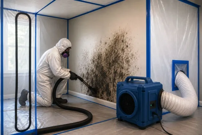 ServiceMaster technician HEPA vacuuming mold on wall inside of containment barrier within a lexington ne home