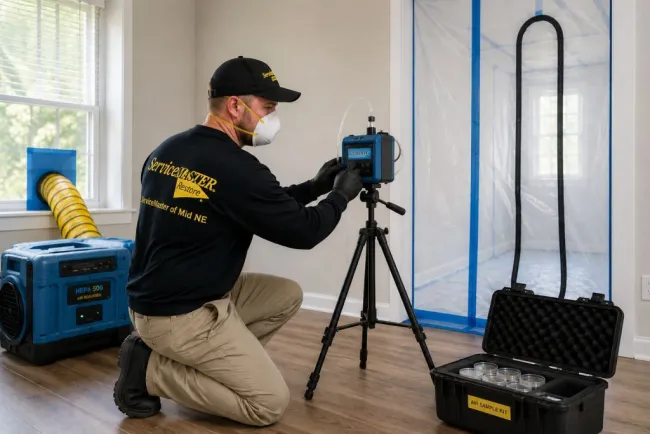 ServiceMaster technician taking mold air sample inside lexington ne home
