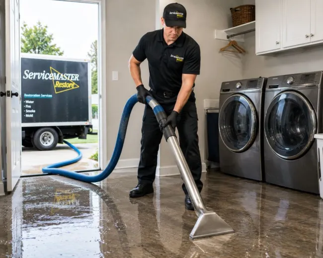 Water damage technician extracting water from laundry room floor