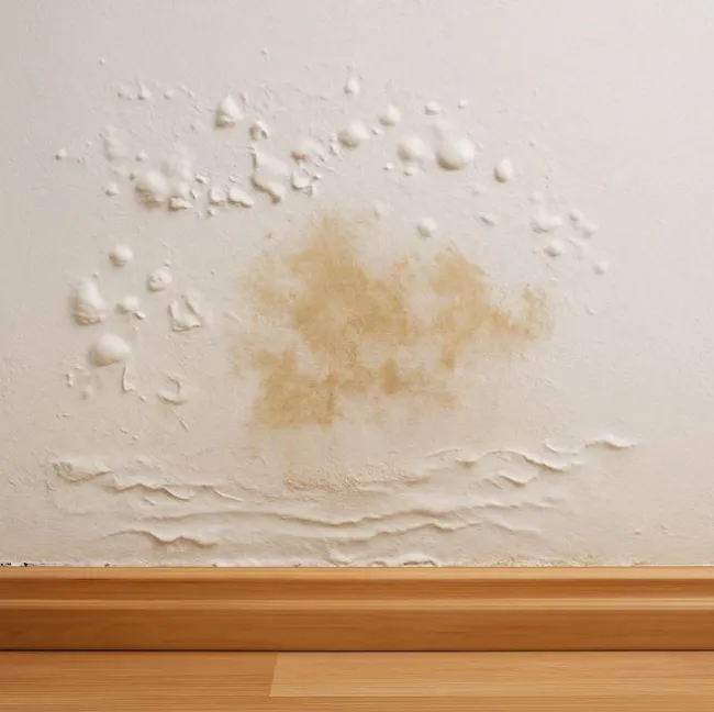 Water damaged drywall discolored with bubbling paint