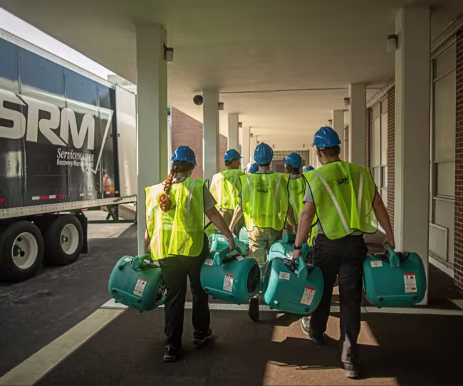 ServiceMaster restore team carrying industrial dryers