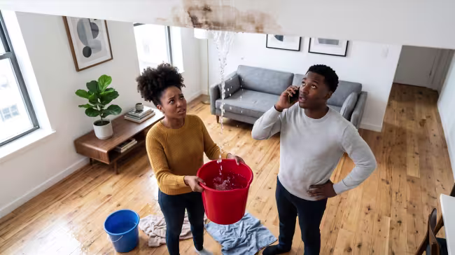 water-damaged ceiling caused by burst pipe