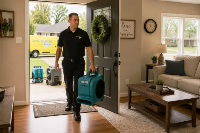 ServicMaster Water Damage Technician bringing drying equipment into a Gothenburg home