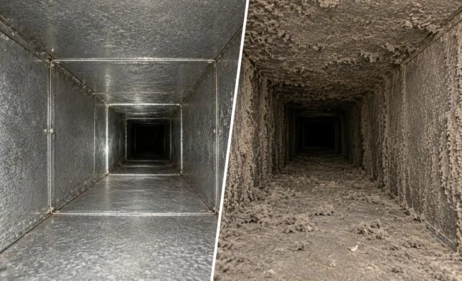 Before and after picture of professional air duct cleaning of air supply trunk duct 