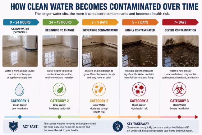 Infographic showing how water can become contaminated over a period of 1 to 7+ days