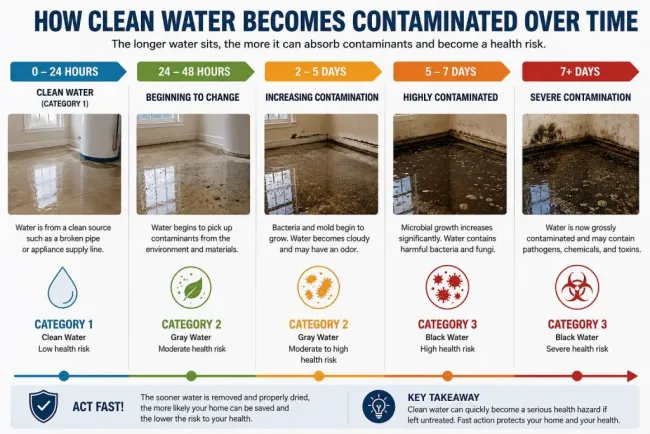 Infographic showing how water can become contaminated over a period of 1 to 7+ days