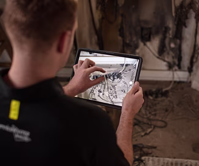 tech inspecting home fire damage