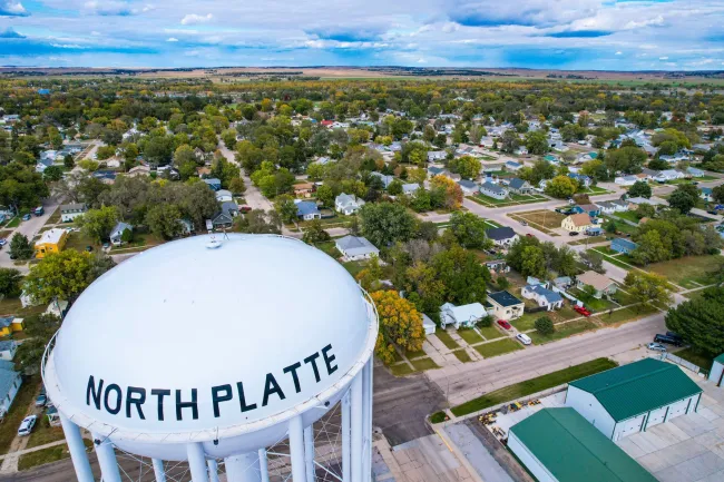 Aerial View of North Platte NE Water Tower and surrounding community