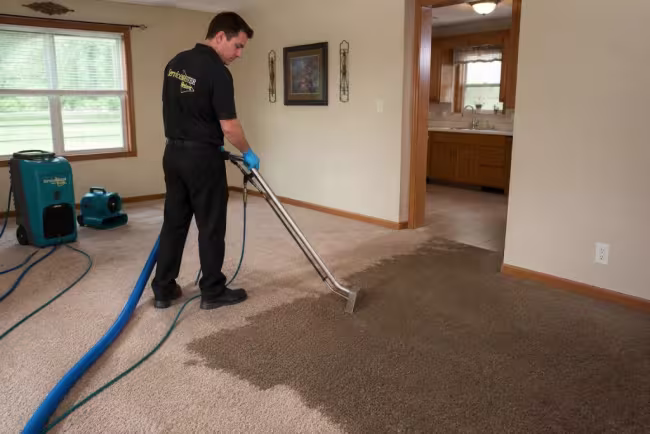 ServicMaster Tech extracting water from a carpet in a North Platte home