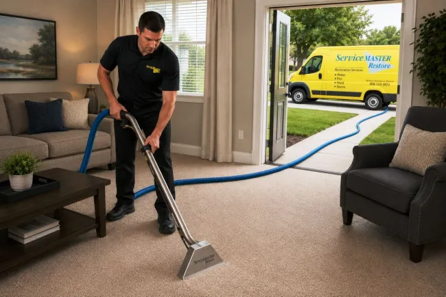 ServiceMaster technician hot water extraction cleaning of living carpet with truck mounted system