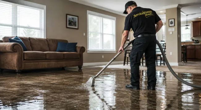ServiceMaster Tech extracting water from a Lexington living room carpet