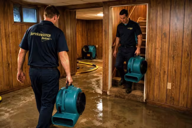 Two servicemaster technicians carrying drying equipment into a water damaged basement in Dawson County