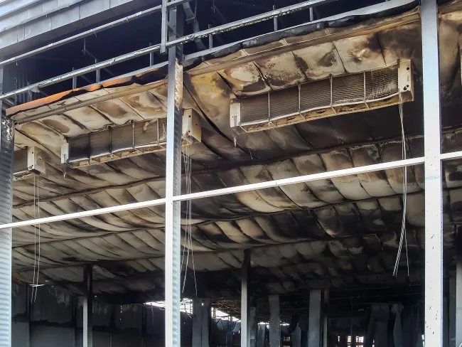 smoke and fire damage to industrial building
