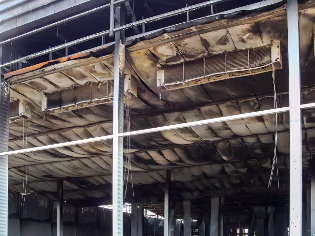 heavy building damage from commercial fire 