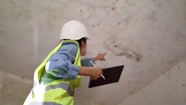 commercial mold inspector pointing at mold on ceiling