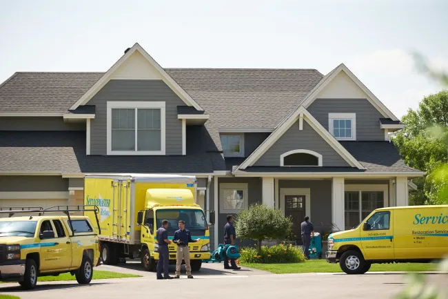 servicemaster yellow vans in front of a house