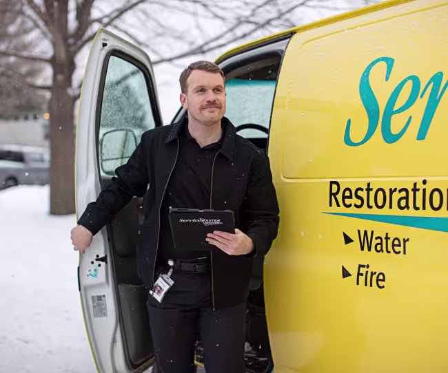 servicemaster restore technician next to a van
