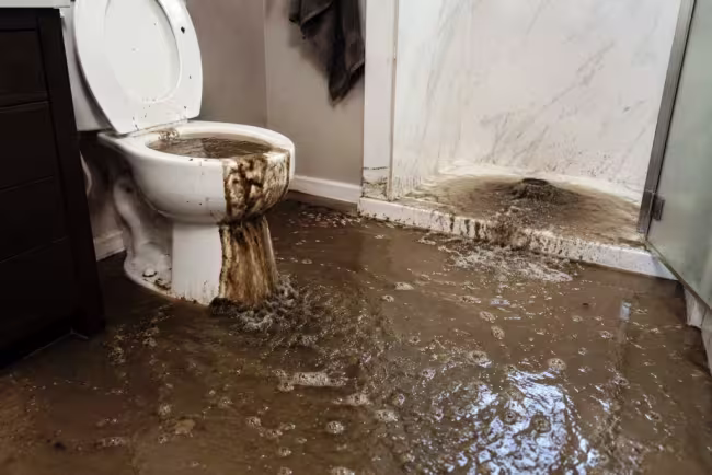 Sewer water discharging from a toilet and shower drain and running onto the bathroom floor