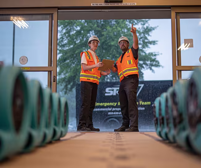 servicemaster restore technicians having a discussion in a commercial space between a row of floor dryers