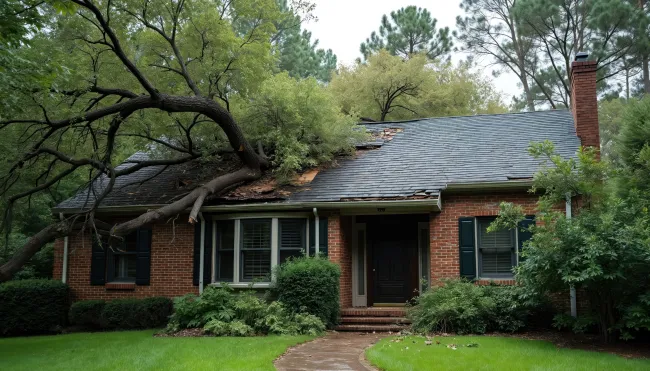 roof damaged by tree after storm
