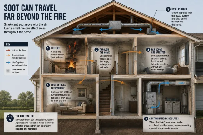 Graphic illustration of how soot used air currents and the HVAC system to travel throughout a structure.