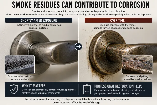 Photo showing the corrosive effects of soot on metal such as door hardware