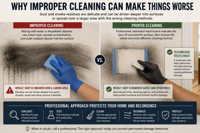 Photo showing that improper cleaning agents, equipment and technique can smear soot and drive it further into affected materials.