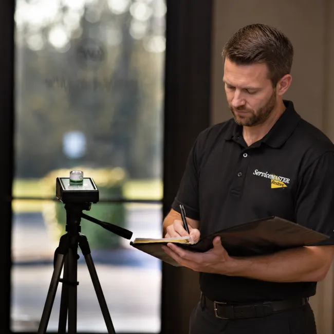Servicemaster technician performing air clearance testing at a mold remediation job