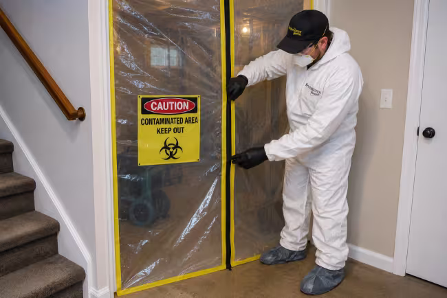 ServiceMaster technician establishing a contaminated work area with a plastic barrier and caution sign. 