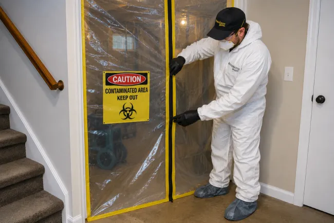 ServiceMaster technician establishing a contaminated work area with a plastic barrier and caution sign. 