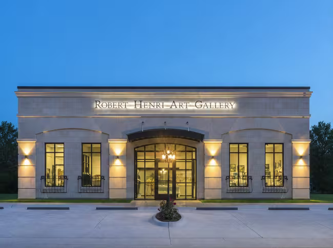 Robert Henri Museum in the evening. Front of building with lighting. 