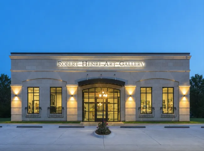 Robert Henri Museum in the evening. Front of building with lighting. 
