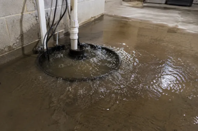Overflowing sump pit discharging water onto basement floor