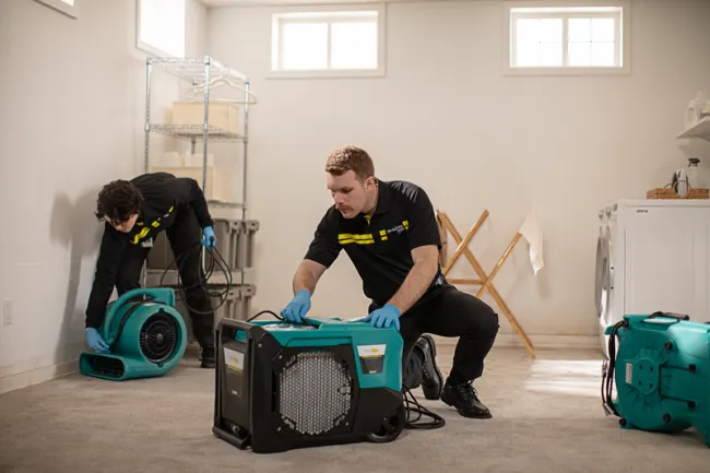 ServiceMaster technicians setting up air movement and dehumidification in a water damaged basement
