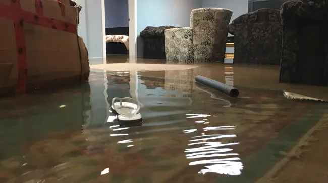 Finished basement living room with several inches of flood water