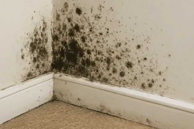 mold growth on drywall and baseboard corner
