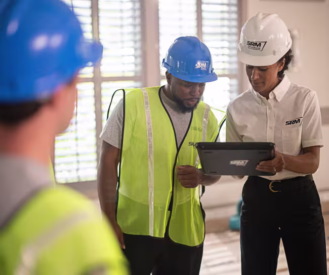 servicemaster restore technicians discussing a restoration plan in a business