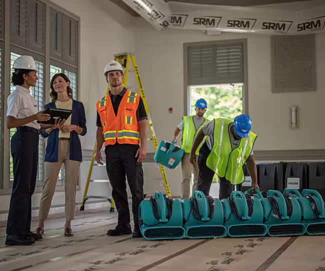 servicemaster restore technicians setting up drying equipment in a retail space