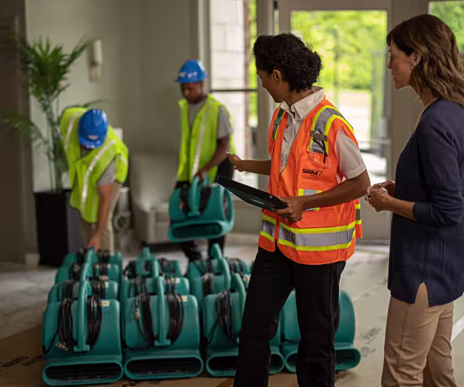 servicemaster restore technicians talking with a business owner
