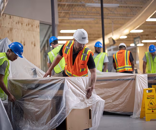 servicemaster restore technicians tarping shelving in a retail space