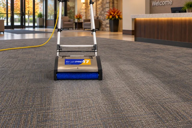 Counter Rotating Brush Machine cleaning commercial carpet in a lobby