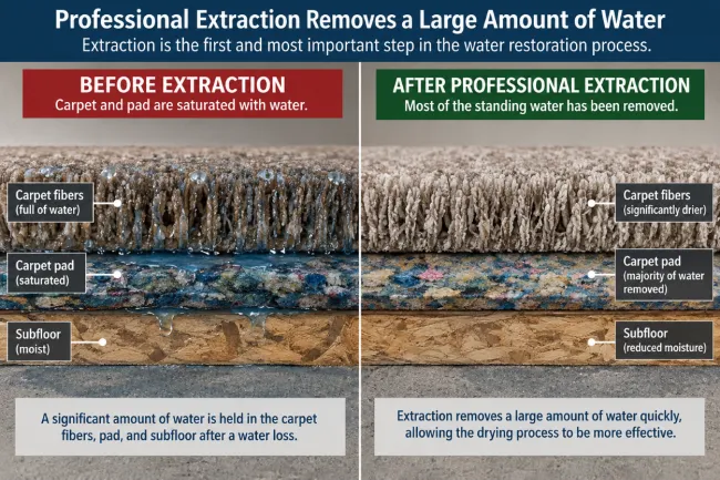 Graphic showing a carpet / floor cross section before and after professional extraction