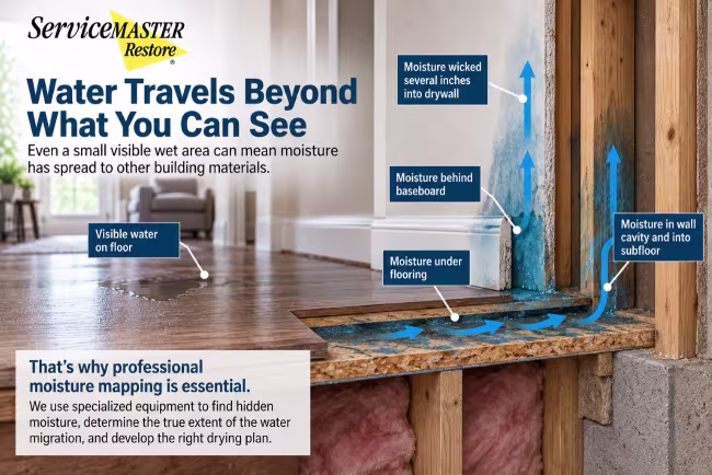 Infographic that shows a visible wet area on a hard surface floor.  A cross section illsustrates moisture beneath the floor, behind baseboard, and wicked several inches up the drywall.